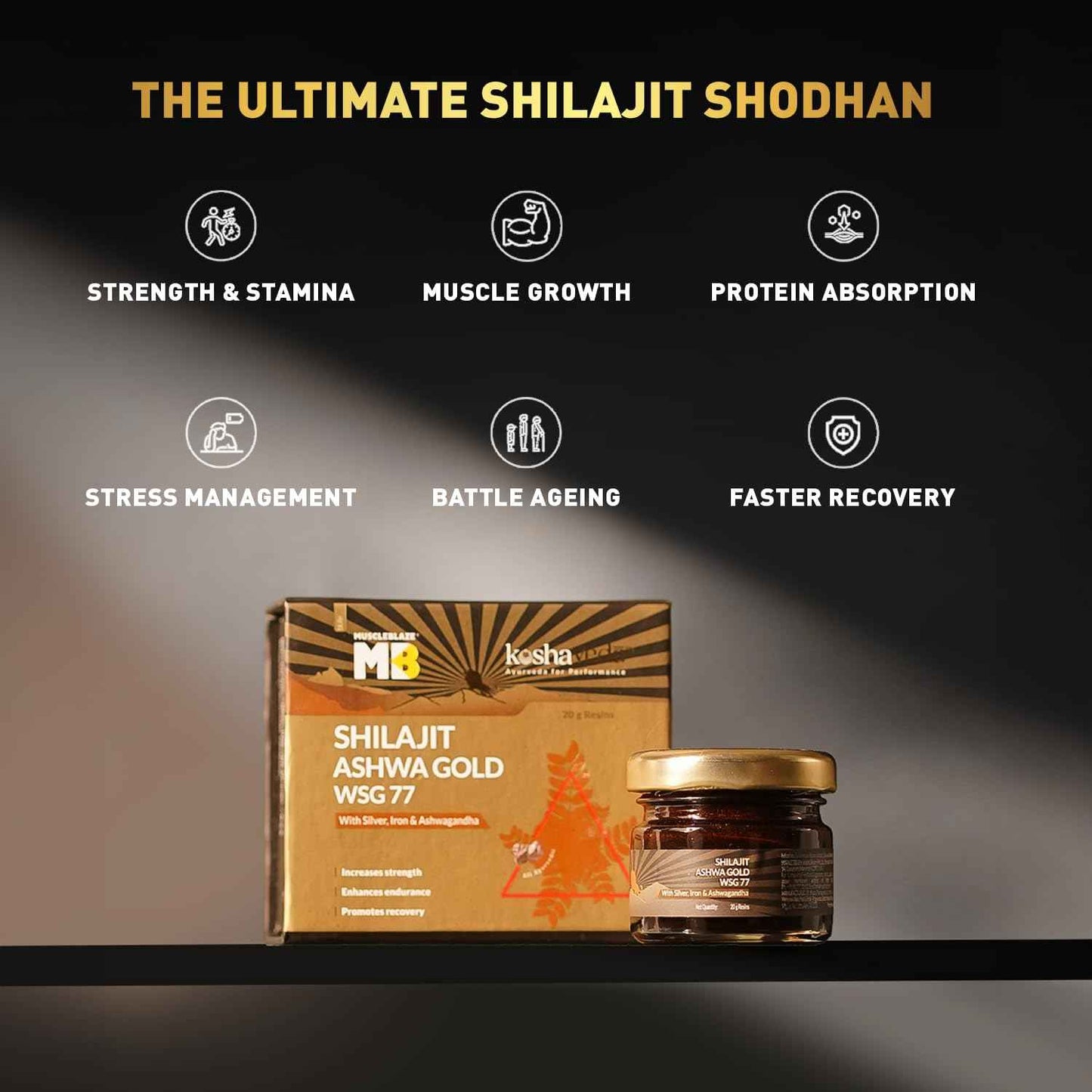 Koshaveda Shilajit Ashwa Gold Wsg 77 By Muscleblaze (20 G)|Fortified With Silver,Iron & Ashwagandha|For Strength,Endurance & Recovery,Resin