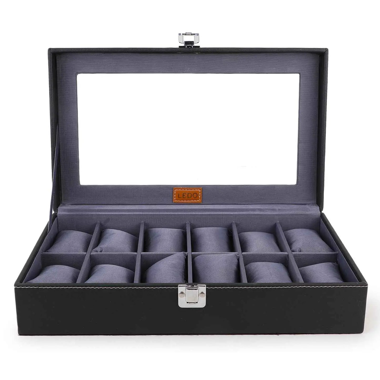 LEDO Men's and Women's Watch Box Holder Organizer Case In 12 Slots of watches In PU Leather with Black & Gray