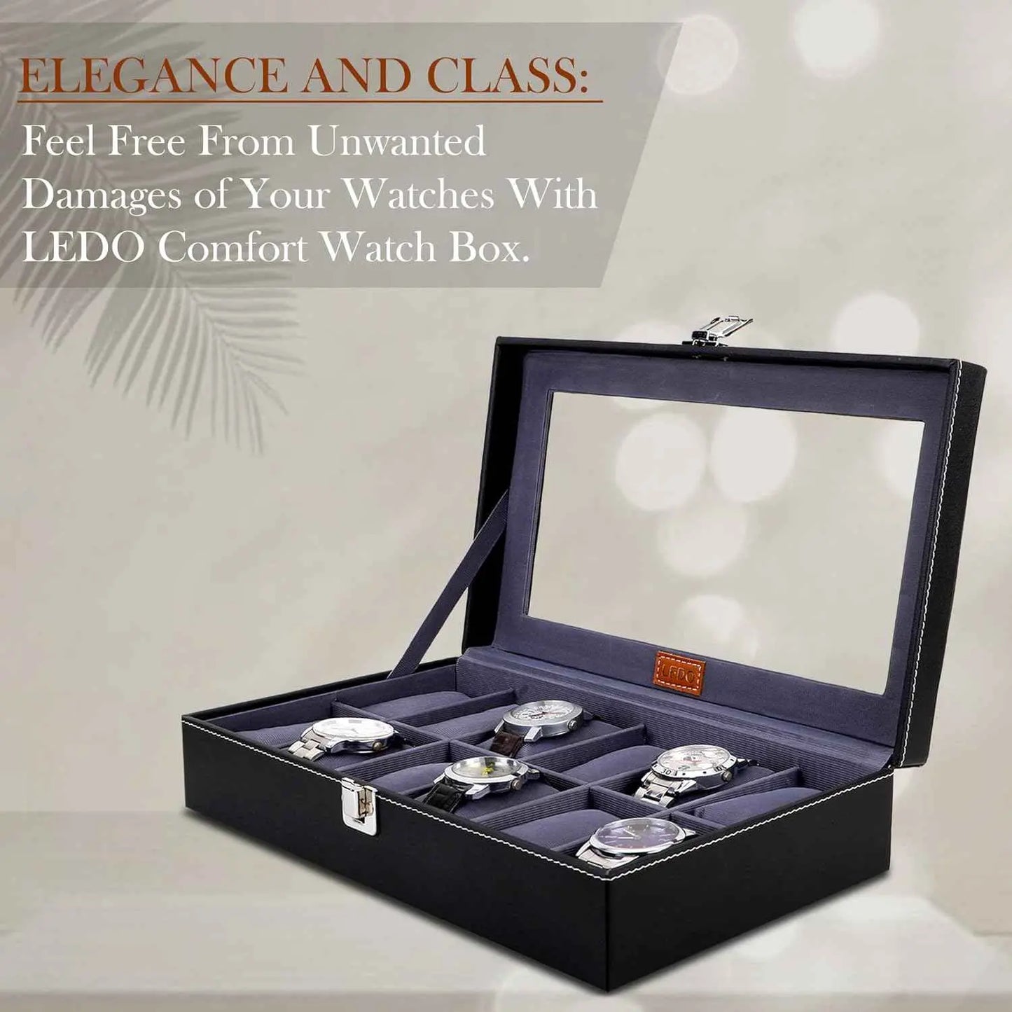LEDO Men's and Women's Watch Box Holder Organizer Case In 12 Slots of watches In PU Leather with Black & Gray