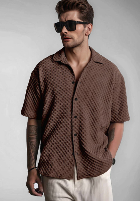 SZN Men Brown Textured Relaxed Fit Casual Shirt - Zudioshop