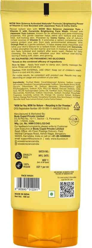 WOW SKIN SCIENCE Japanese Yuzu + Vitamin C with Ceramide Brightening | 500x Vitamin C | For Strengthened Glowing Skin | Paraben-Free Gentle Cleanser with Orange Peel & Camu Camu | Face Wash  (100 ml)