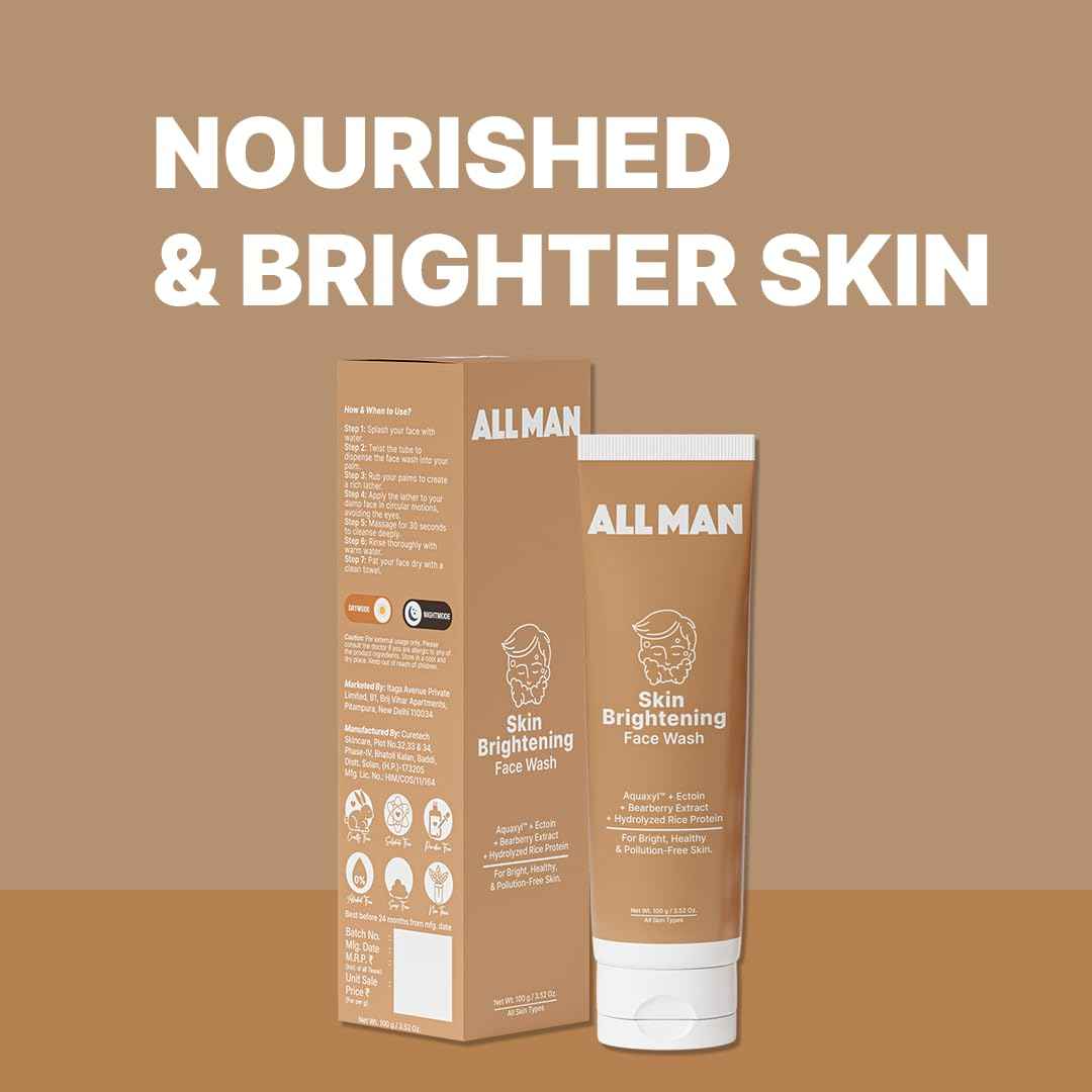 ALL MAN Skin Brightening Face Wash, Fades Dark Spots & Hyperpigmentation, Removes Dirt, oil, & Pollutants with Aquaxyl, Ectoin & Hydrolyzed Rice Protein | 100g