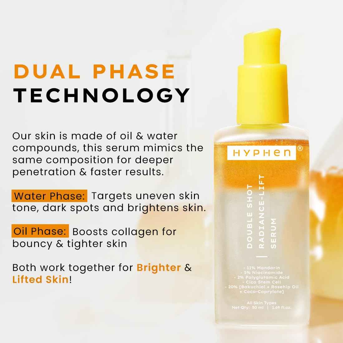 Hyphen 18% Brightening + 20% Collagen Face Serum | Double Serum with 11% Mandarin 5% Niacinamide 2% PGA & Bakuchiol | Brightening & Collagen Boost | Dark Spots & Melanin Reduction | All Skin Type-50ml