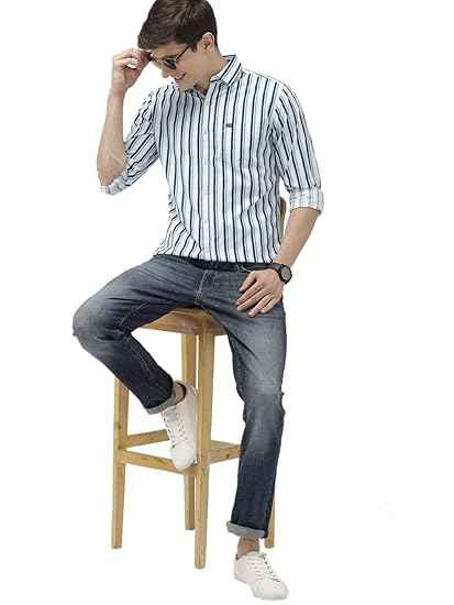 The Indian Garage Co Men's Cotton Slim Fit Multi Striped Full Sleeves Cutaway Collar Casual Shirt