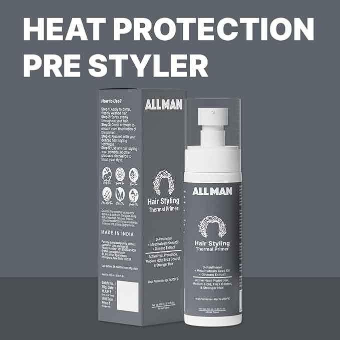 ALL MAN Hair Styling Thermal Primer, Pre Hair Styler Spray with Heat Protection Upto 200°C, Adds Volume & Texture, Infused with D-Panthenol & Meadowfoam Seed Oil | 100ml