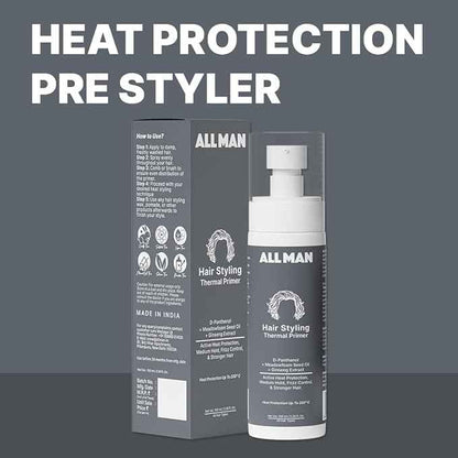 ALL MAN Hair Styling Thermal Primer, Pre Hair Styler Spray with Heat Protection Upto 200°C, Adds Volume & Texture, Infused with D-Panthenol & Meadowfoam Seed Oil | 100ml