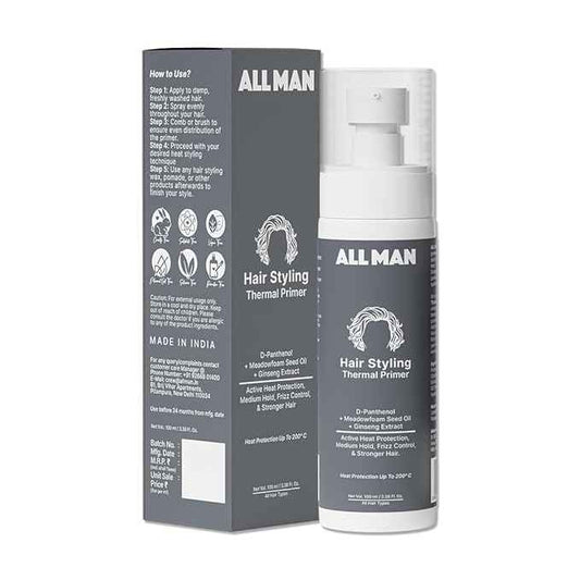 ALL MAN Hair Styling Thermal Primer, Pre Hair Styler Spray with Heat Protection Upto 200°C, Adds Volume & Texture, Infused with D-Panthenol & Meadowfoam Seed Oil | 100ml