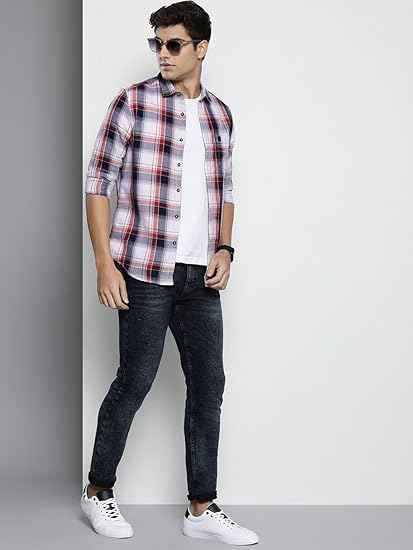 The Indian Garage Co Men's Cotton Regular Fit Checkered Full Sleeves Cutaway Collar Casual Shirt