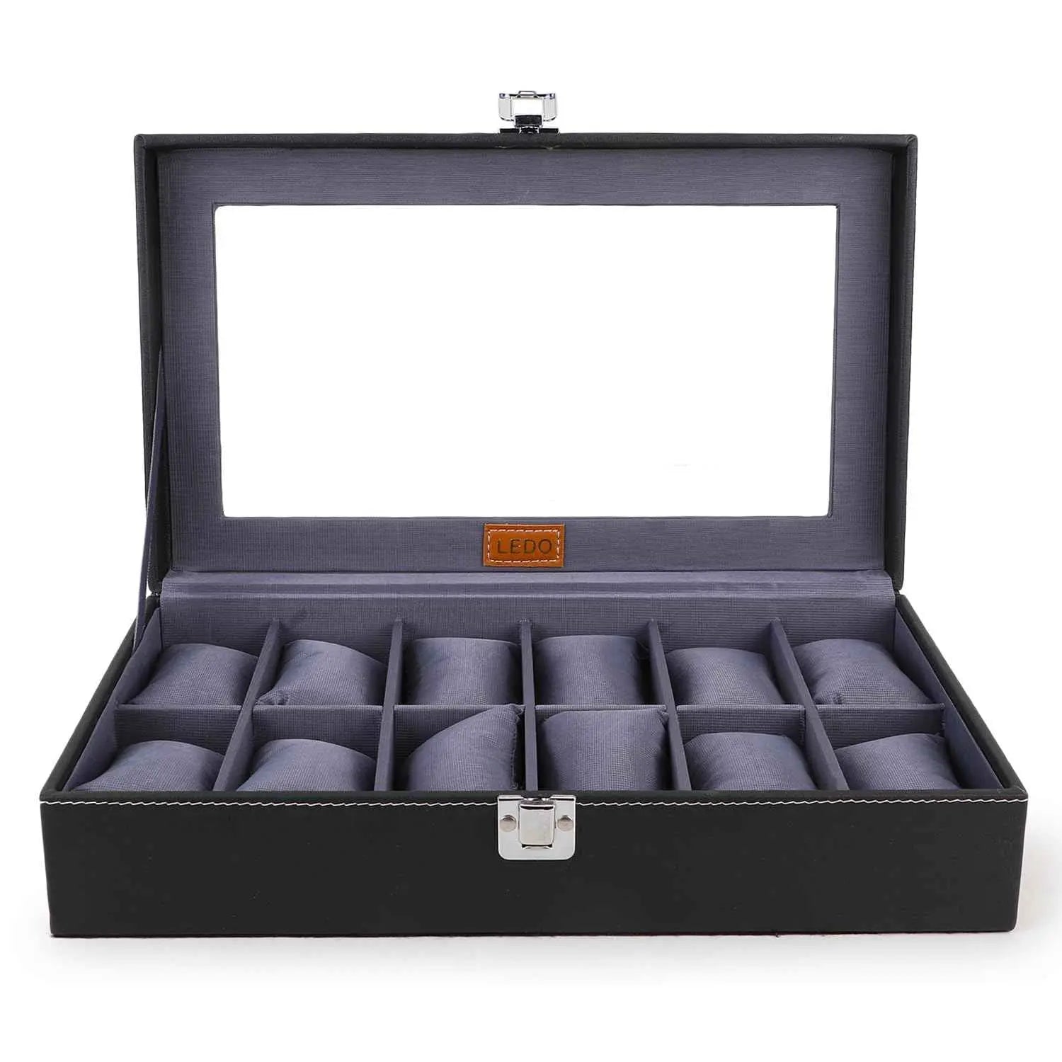 LEDO Men's and Women's Watch Box Holder Organizer Case In 12 Slots of watches In PU Leather with Black & Gray