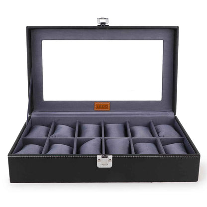 LEDO Men's and Women's Watch Box Holder Organizer Case In 12 Slots of watches In PU Leather with Black & Gray