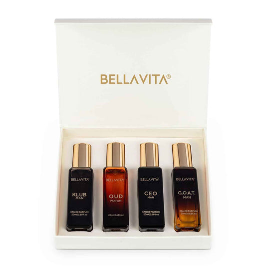 Bella Vita Luxury Long Lasting Men Gift Set | Perfume for Man | 4x20ml | Gifts for Men | Woody, Citrusy, Oud, Premium Fragrance Scent | KLUB, OUD, CEO, G.O.A.T