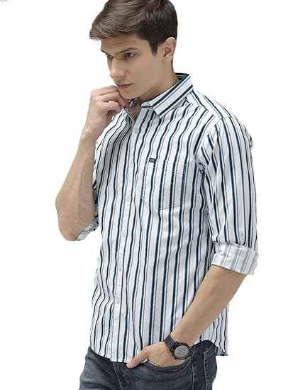 The Indian Garage Co Men's Cotton Slim Fit Multi Striped Full Sleeves Cutaway Collar Casual Shirt