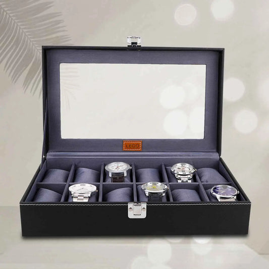 LEDO Men's and Women's Watch Box Holder Organizer Case In 12 Slots of watches In PU Leather with Black & Gray