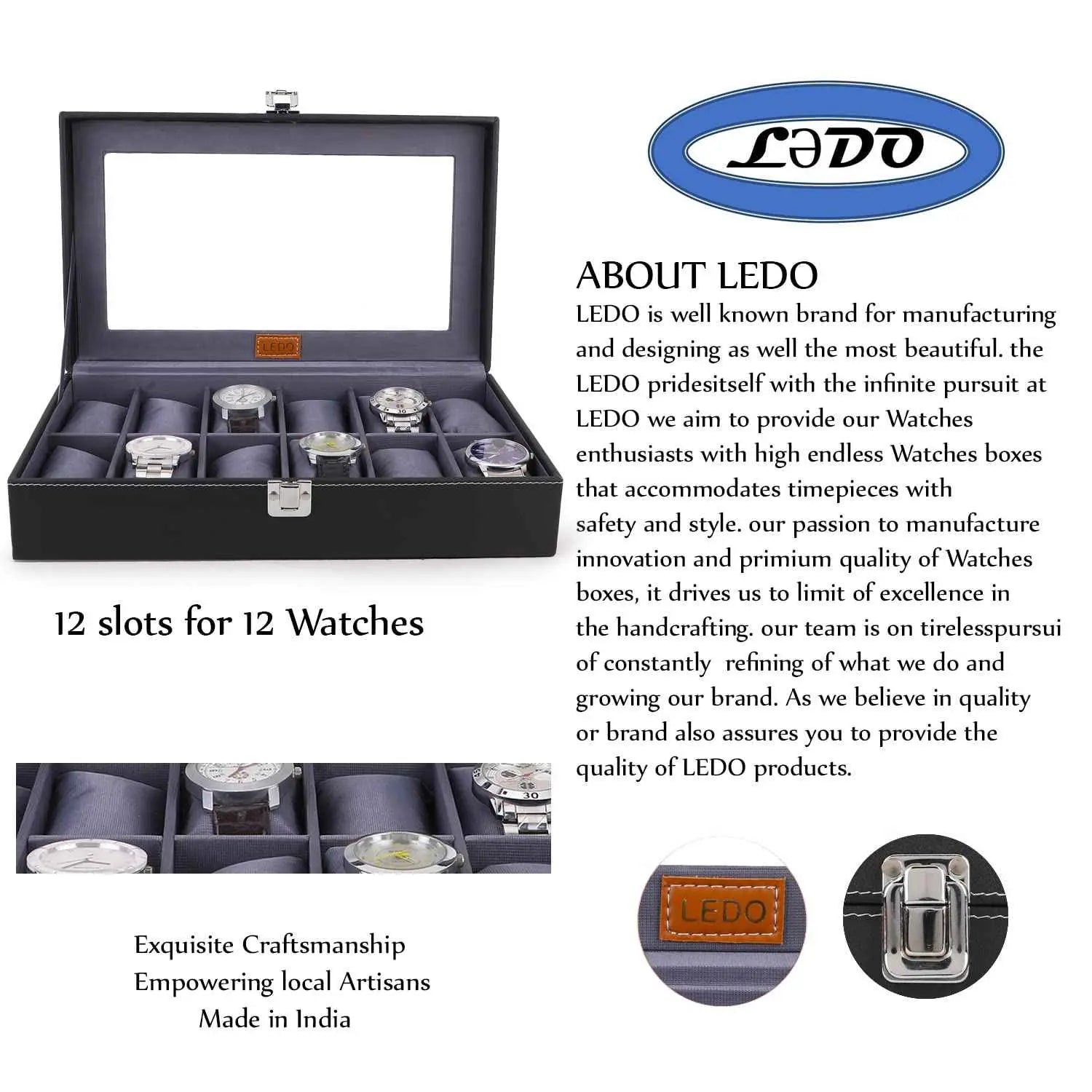 LEDO Men's and Women's Watch Box Holder Organizer Case In 12 Slots of watches In PU Leather with Black & Gray