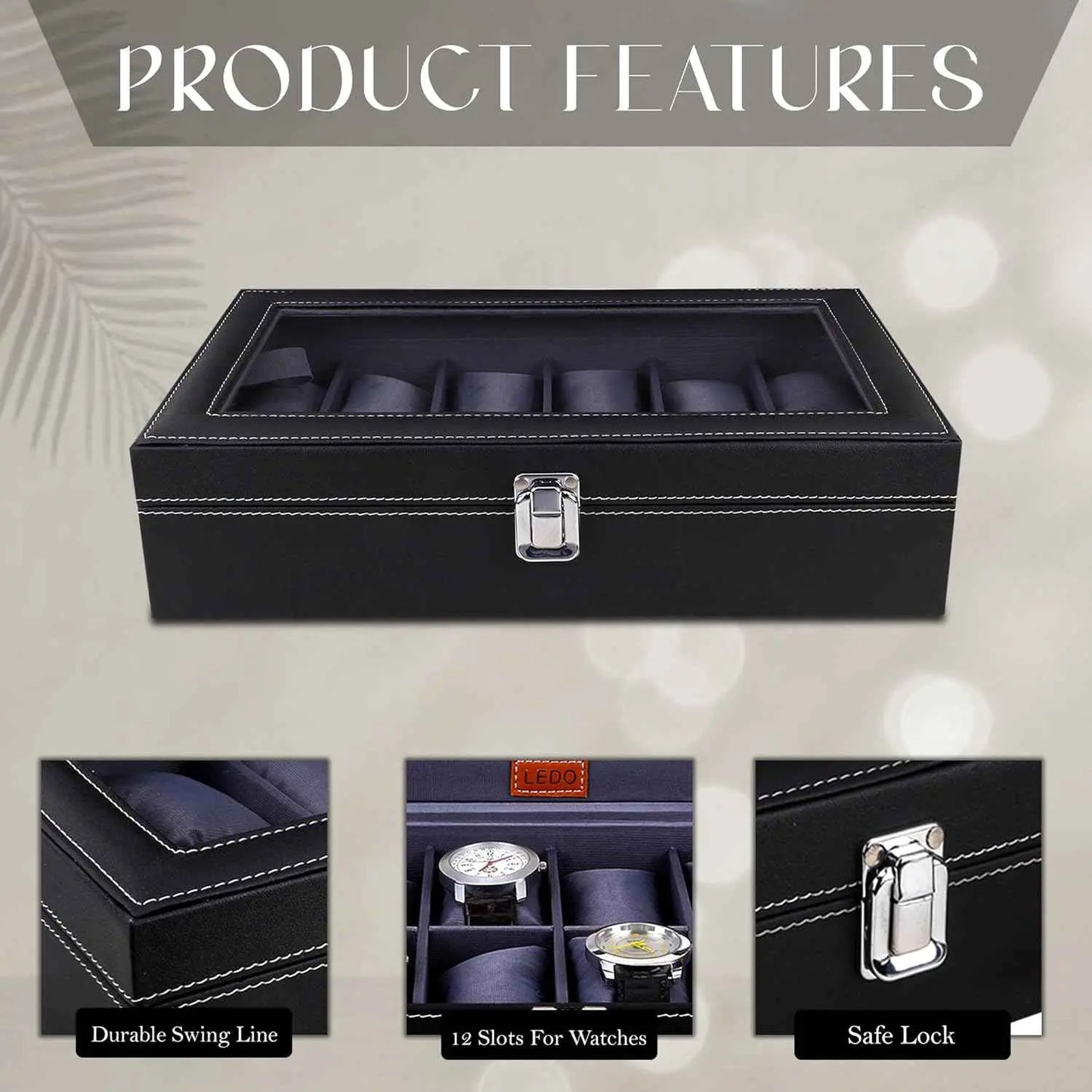 LEDO Men's and Women's Watch Box Holder Organizer Case In 12 Slots of watches In PU Leather with Black & Gray