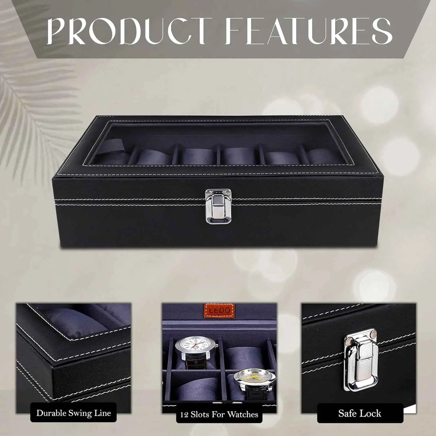 LEDO Men's and Women's Watch Box Holder Organizer Case In 12 Slots of watches In PU Leather with Black & Gray