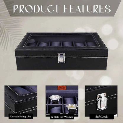 LEDO Men's and Women's Watch Box Holder Organizer Case In 12 Slots of watches In PU Leather with Black & Gray