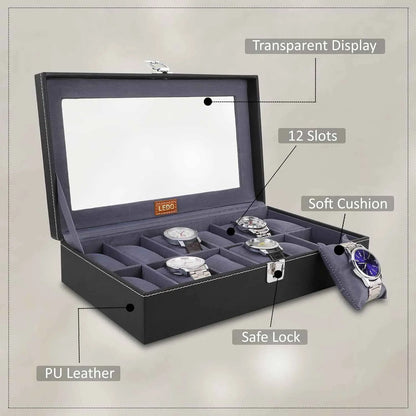 LEDO Men's and Women's Watch Box Holder Organizer Case In 12 Slots of watches In PU Leather with Black & Gray