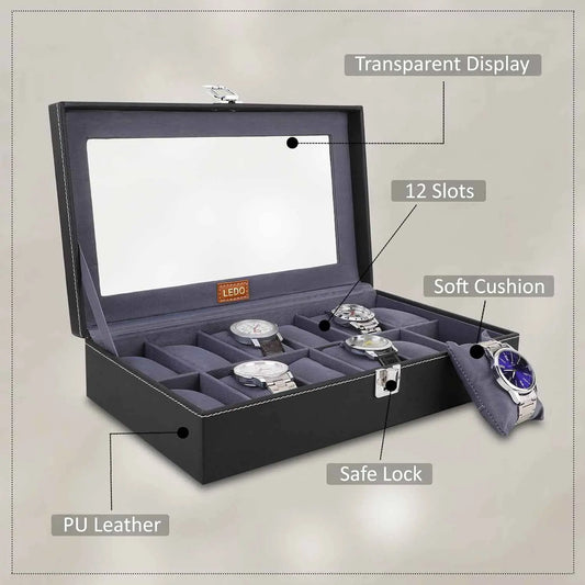 LEDO Men's and Women's Watch Box Holder Organizer Case In 12 Slots of watches In PU Leather with Black & Gray