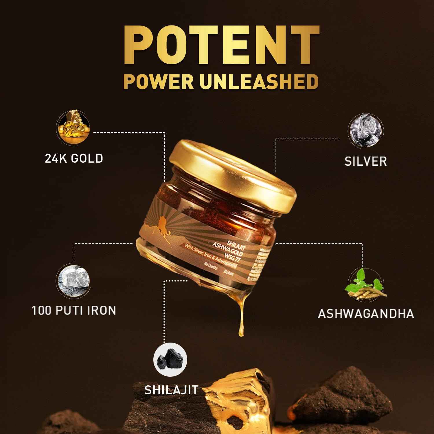 Koshaveda Shilajit Ashwa Gold Wsg 77 By Muscleblaze (20 G)|Fortified With Silver,Iron & Ashwagandha|For Strength,Endurance & Recovery,Resin