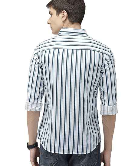 The Indian Garage Co Men's Cotton Slim Fit Multi Striped Full Sleeves Cutaway Collar Casual Shirt