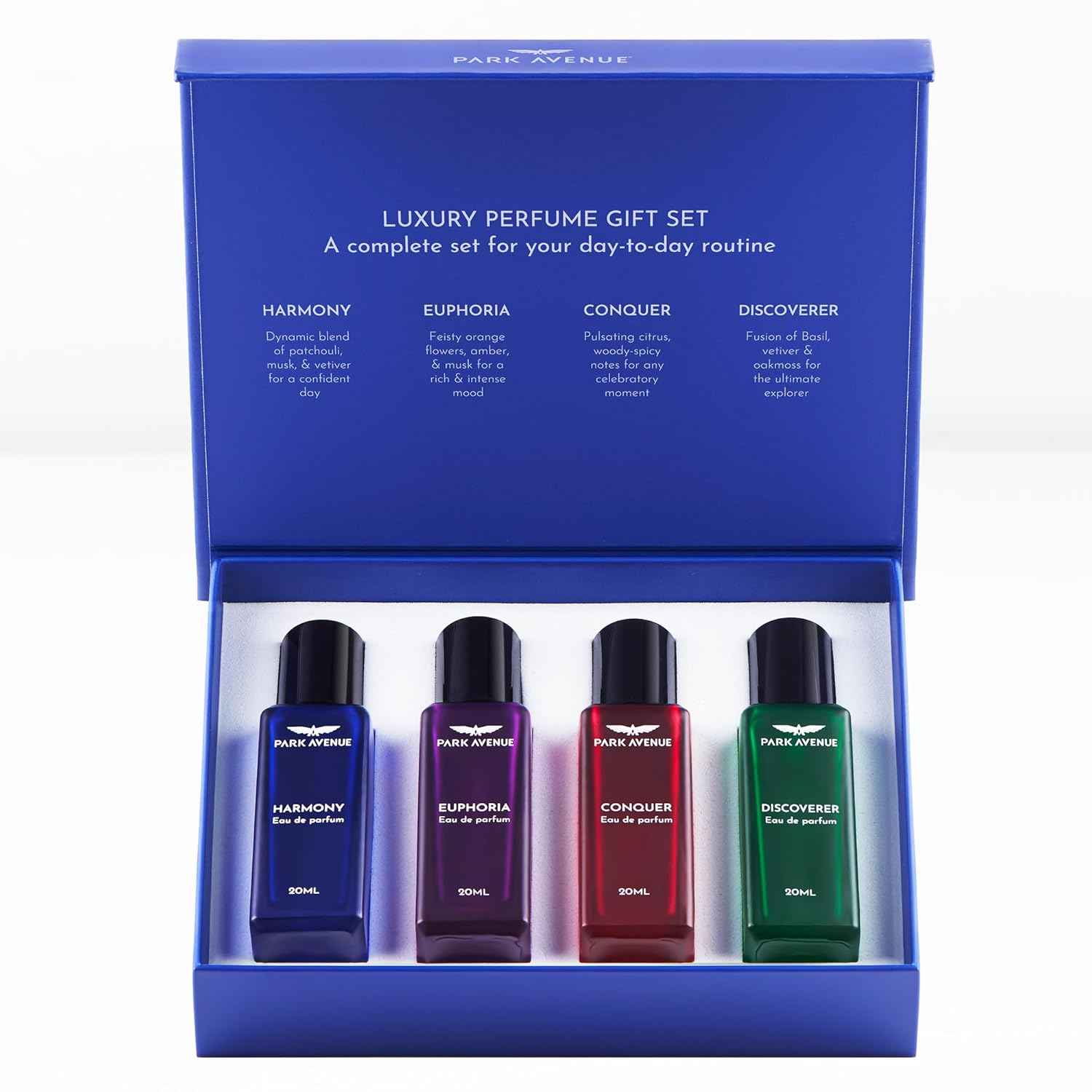 Park Avenue Luxury Perfume Gift Set for Men, 4x20 ml | Euphoria, Conquer, Harmony & Discoverer Perfume | Eau De Parfum | Premium Luxury Perfume for Corporate Man | Long lasting Fragrance | Gift for Men.