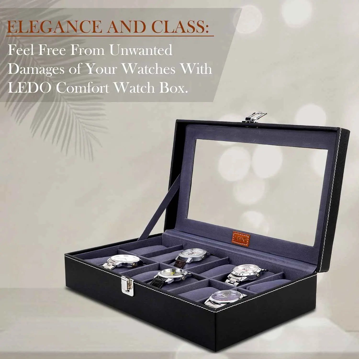 LEDO Men's and Women's Watch Box Holder Organizer Case In 12 Slots of watches In PU Leather with Black & Gray