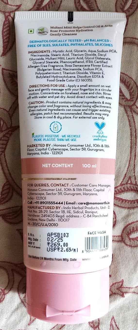 Mamaearth Multani Mitti Face Wash with Multani Mitti & Bulgarian Rose For Oil Control & Acne | Suits All Skin Types | Hydrating & Gentle | Paraben-Free | No Silicones | Sulphate-Free | For Men & Women | 100 ml