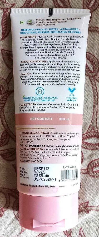 Mamaearth Multani Mitti Face Wash with Multani Mitti & Bulgarian Rose For Oil Control & Acne | Suits All Skin Types | Hydrating & Gentle | Paraben-Free | No Silicones | Sulphate-Free | For Men & Women | 100 ml