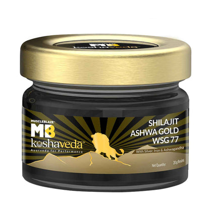 Koshaveda Shilajit Ashwa Gold Wsg 77 By Muscleblaze (20 G)|Fortified With Silver,Iron & Ashwagandha|For Strength,Endurance & Recovery,Resin