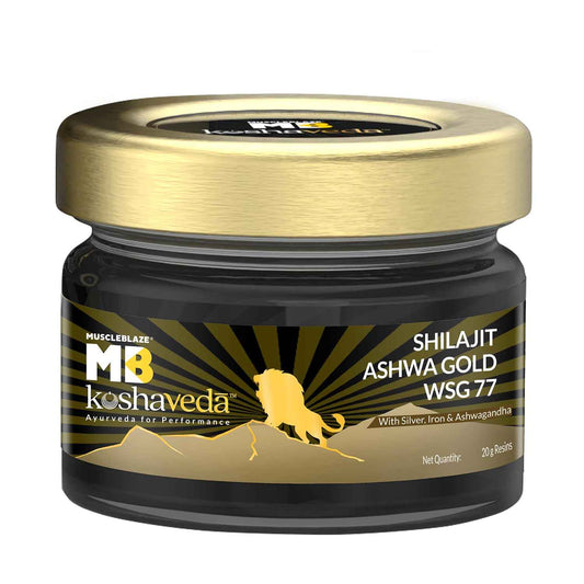 Koshaveda Shilajit Ashwa Gold Wsg 77 By Muscleblaze (20 G)|Fortified With Silver,Iron & Ashwagandha|For Strength,Endurance & Recovery,Resin