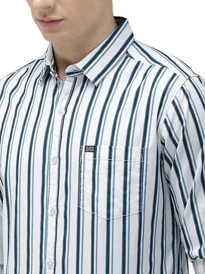 The Indian Garage Co Men's Cotton Slim Fit Multi Striped Full Sleeves Cutaway Collar Casual Shirt