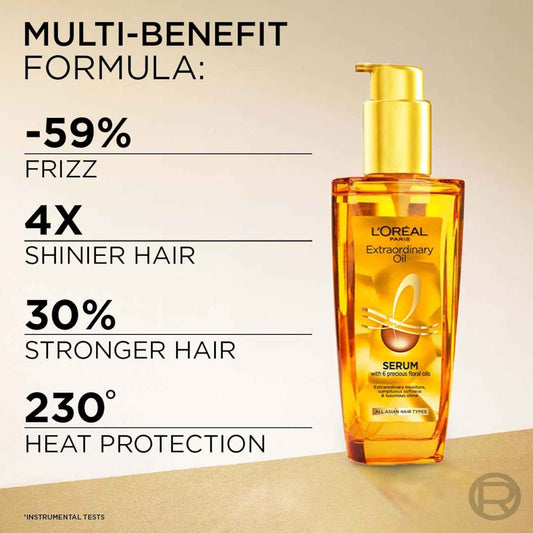 L'Oreal Paris Extraordinary Oil Hair Serum Powered by Floral Oils for All Hair Types, Volume- 100 ml, Makes hair frizz-free, stronger, shiny and provides UV and Heat Protection, Lightweight Formula