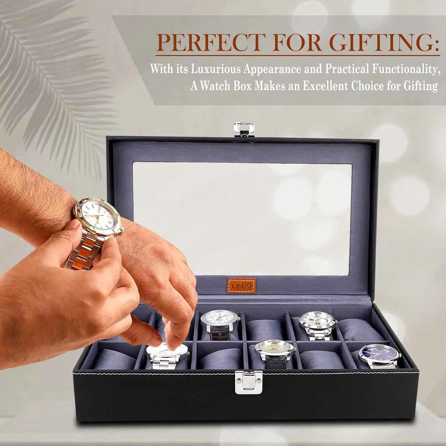 LEDO Men's and Women's Watch Box Holder Organizer Case In 12 Slots of watches In PU Leather with Black & Gray