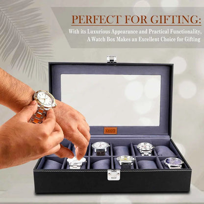 LEDO Men's and Women's Watch Box Holder Organizer Case In 12 Slots of watches In PU Leather with Black & Gray