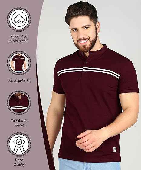 Alan Jones Clothing Men's Cotton Regular Fit Mandarin Collar Solid Polo T-Shirt