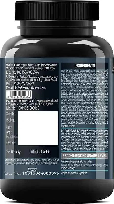 MUSCLEBLAZE Multivitamin with Immunity Boosters and Digestive Enzymes, 100% RDA of Vitamin C  (30 Tablets)